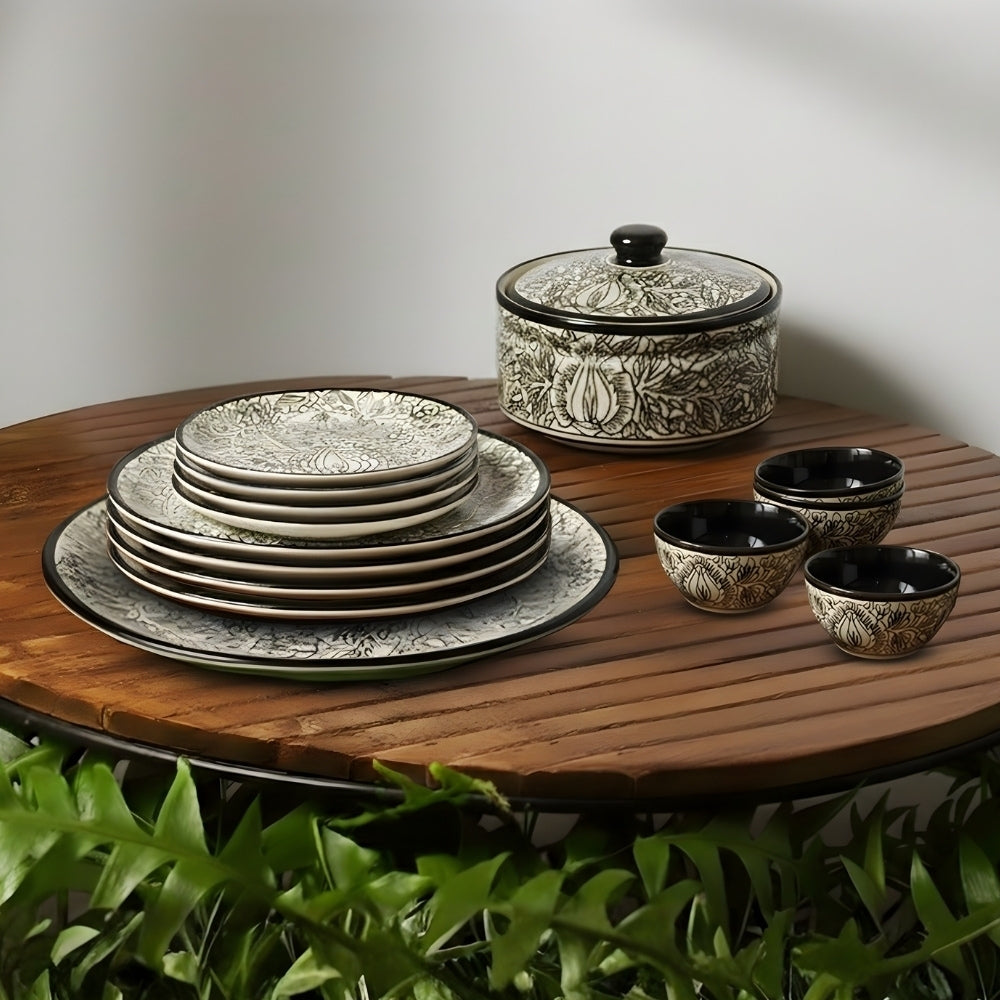 kalamkari design ceramic dinner set of 14 pieces elegant serveware for meals serving and stylish dining presentation